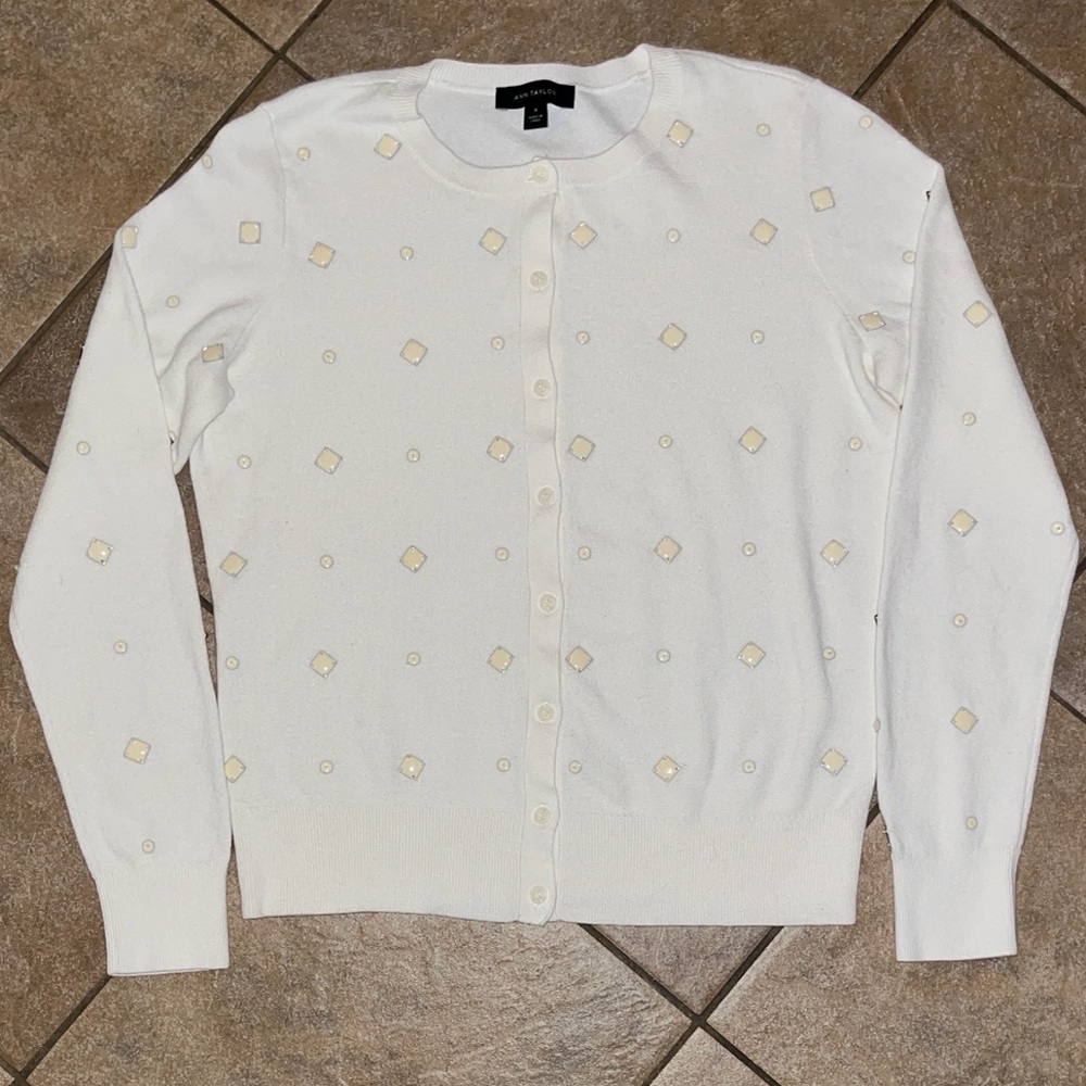Ann Taylor Embellished Ivory Cardigan - Size Medium